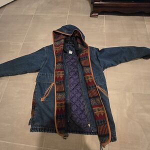 Vintage Rock Creek Men's Hooded Denim Jacket with Patterned Trim - Blue Small